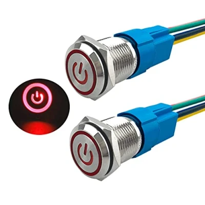 Image of Aiqeer 2 Pcs 16 mm Self locking Latching Push Button Switch, 12V / 24V 5A Car Ignition Starter IP67 Waterproof Stainless Steel with Pre Wired Socket (Red LED)