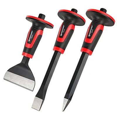 Image of Bolster Chisel Set 3 Pieces, MAXPOWER Masonry with Thickness Hand Guard Included 300mm Point Chisel, Cold and 220mm Brick