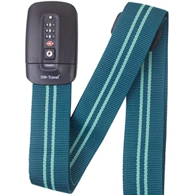 Image of OW Travel Personalised Luggage Straps with Locks for Suitcases (1 Pack Blue/Green) Easy to Spot TSA Suitcase labels. Strap Lock Belt. Lockable