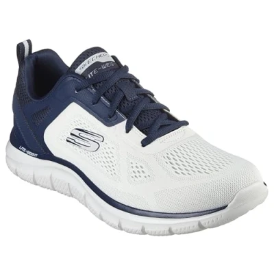 Image of Skechers Men&#039;s Track Broader Trainers, Off White Engineered Mesh Pu Navy Trim, 9 UK