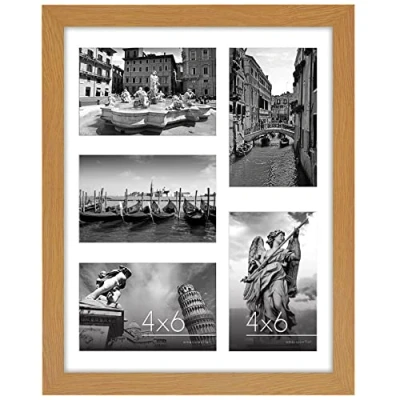 Image of Americanflat 11x14 Picture Frame in Dark Oak Five 6x4 Photo Openings with Shatter Resistant Glass Multi Aperture Collage Horizontal and Vertical Format for Wall