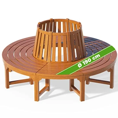 Image of CASARIA® 190cm Circular Tree Bench with Backrest Weatherproof FSC® Certified Pre Oiled Eucalyptus Wood Round Wooden Garden Seating Decorative Outdoor Lawn Furniture Brown