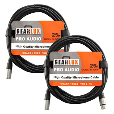 Image of Gearlux XLR Microphone Cable, Fully Balanced, Male to Female, 25 Feet 2 Pack