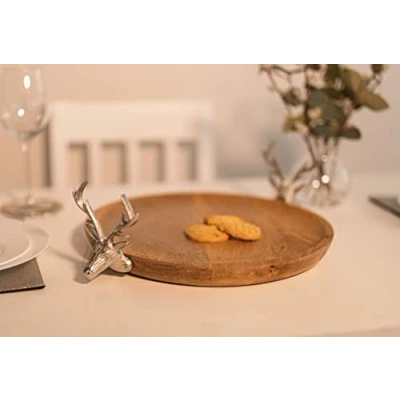 Image of Marco Paul Wooden &amp; Metal Stag Cake Tray Reindeer Deer Display Plate Silver Aluminium Head Stand Kitchen Indoor Baking Christmas Serving Cheese Board Festive Décor Rustic Xmas