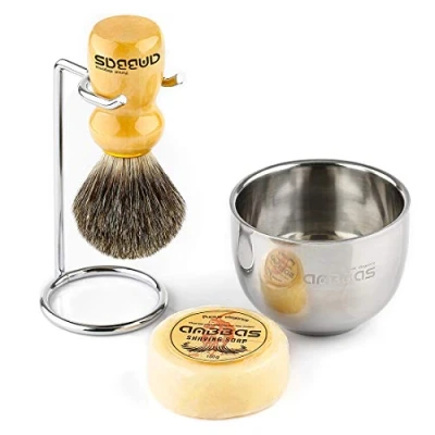 Image of Anbbas Badger Hair Shave Brush Wooden Handle,Stainless Steel Shaving Stand and Soap Cup Kit Dia 3.2&quot; with 100G Natural Organic 4in1 Set for Men Close