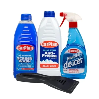 Image of CarPlan Blue Star Antifreeze &amp; Coolant 1L, All Seasons Concentrated Screenwash 1L and De Icer Spray 500ml Bundle Plus Ice Scraper Winter Car Care Kit