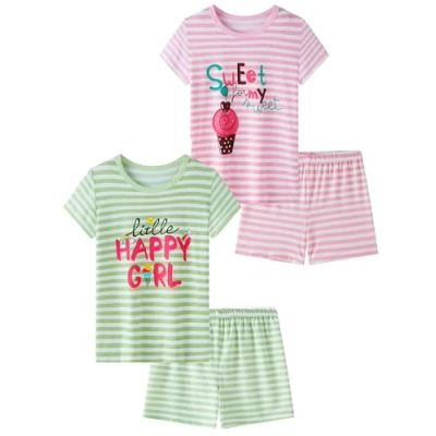 Image of SOIBEEN Girls Pyjama Set Short Sleeve T Shirt &amp; Shorts Loungewear Pink Green Striped PJs for Kids Sleepwear Nightwear 7 8 Years