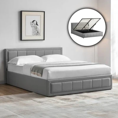 Image of Vida Designs Vanita Ottoman Bed Frame Storage Lift Upholstered Fabric Bedroom Furniture, No Mattress (Light Grey, King Size 5ft Mattress)