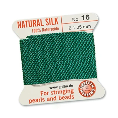 Image of GRIFFIN 100% Natural Silk Beading Cord String Thread Green 2 metres with one needle Size 1.05mm