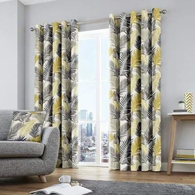 Image of Fusion Tropical 100% Cotton Pair of Eyelet Curtains 90&quot; Width x 72&quot; Drop (229 183cm) in Ochre