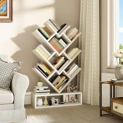 Image of YITAHOME Tree Bookshelf, Floor Standing Bookcase with Wooden Drawer Industrial Shelving Units Display Storage Shelf for Living Room,Home,Office, White Book shelves