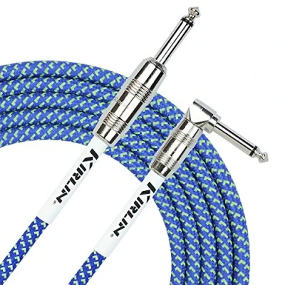 Image of Kirlin IWC202PNBL 10FT Fabric Straight Angled Instrument Cable Guitar Lead, Blue, 10 ft