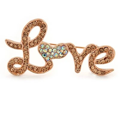 Image of Avalaya Citrine/AB Crystal &#039;Love&#039; Brooch in Rose Gold Tone 50mm L