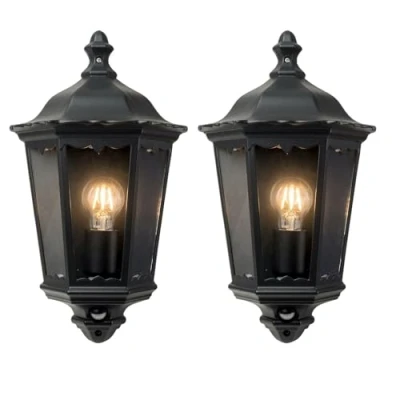 Image of firstchoicelighting Set of 2 Outoor Motion Sensor Activated Wall Lights, Matt Black Clear Glass, IP44 Waterproof, LED Compatible, Half Lantern Porch Security Light