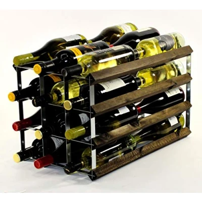 Image of Double Depth 24 Bottle Dark Oak Stained Wood and galvanised Metal Wine Rack Ready Assembled