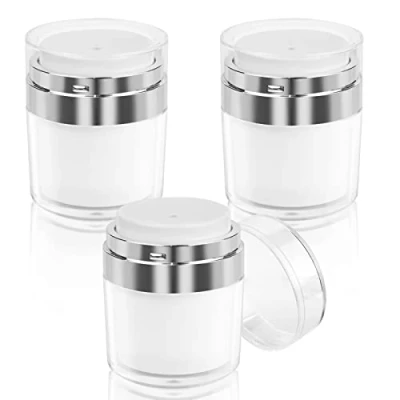 Image of Yicaam 3 Pcs Airless Pump Jars 50ml/50g, Empty Acrylic Makeup Cosmetic Jar Containers w/ Press Pump, Portable Cream Vacuum Bottle Refillable Lotion Lid Travel, White (YS 3CreamJar)