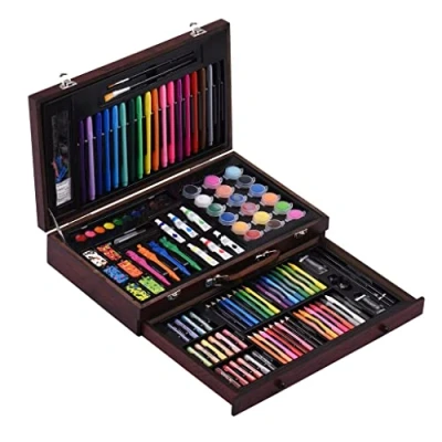 Image of QWEXKLY QINHYZA 123 Pcs Art Set in Wooden Case Painting Drawing Kit Crayons Oil Pastels Colored Pencils Markers Brushes Acrylic Paints