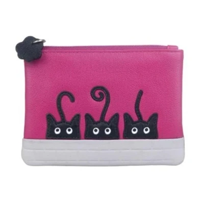Image of Premium Leather Black Peek A Boo Cats Coin RFID Purse by Mala (Pink)