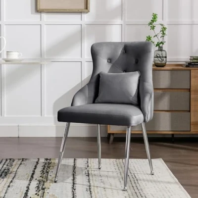 Image of Modern Upholstered Dining Chairs,Button Pattern Chair,Upholstered Armchair,Metal Leg Chairs, Metal Legs and Lumbar Cushion Grey