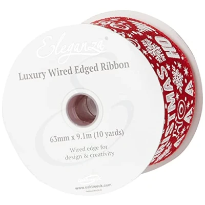 Image of Oaktree UK Eleganza Wired Edge Merry Christmas Ribbon 63mm x 9.1m Design No.391, red