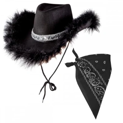 Image of Black Texan Cowgirl Hat With Sequins &amp; Marabou Feathers + Bandana : Adult Ladies Hen Night Wild West Cowboy Music Festival Pop Tour Fancy Dress Accessory