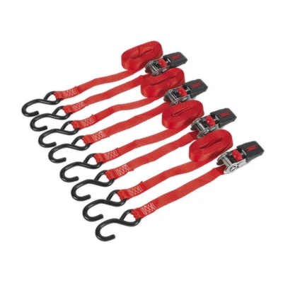 Image of Sealey Ratchet Tie Down 25mm x 4m Polyester Webbing with S Hooks 800kg Breaking Strength 2 Pairs