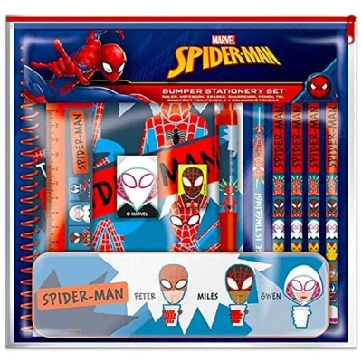 Image of Grindstore Marvel Comics Spider Man 11 Piece Bumper Stationery Set (Peter, Miles and Gwen Design) Official Merchandise