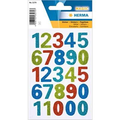 Image of HERMA 3279 Number Stickers Glitter Colourful 0 9, Pack of 25, Self Adhesive, Large, Children&#039;s Adhesive Numbers Stickers, House Made Foil for Sticking, DIY Crafts,