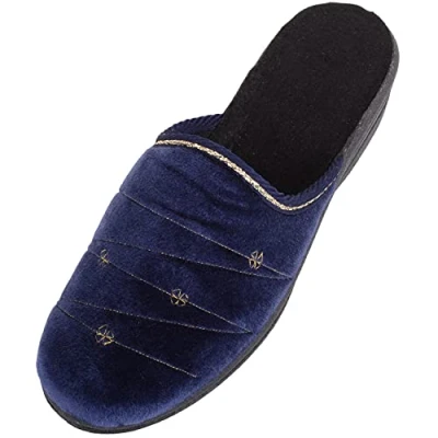 Image of ABSOLUTE FOOTWEAR Womens Slip On Open Back Mule Style Embroided Velour Slippers Navy UK 6 / EU 39