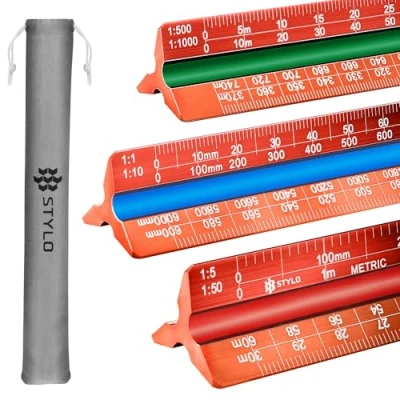 Image of Aluminum Architect Scale Ruler 30cm Laser Etched Triangle Drafting with Colour Coded Grooves for Blueprint, Architectural (Red, Metric Units)