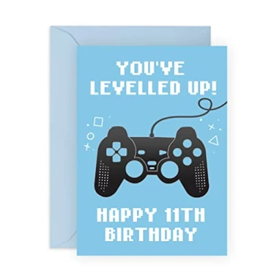 Image of Central 23 Fun Birthday Card for Boys &#039;You&#039;ve Levelled Up!&#039; Happy 11th Eleven Year Old Age 11 Blue Greeting Gamers Kids Gift Son, Grandson With Stickers