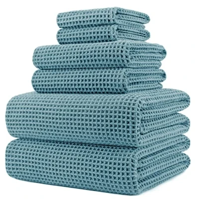 Image of POLYTE Microfibre Oversize, 76 x 152 cm, Quick Dry Lint Free Bath Towel Set, 6 Piece (Green, Waffle Weave)