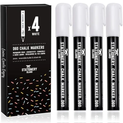 Image of STATIONERY ISLAND White Chalk Pens for Blackboards, 6mm Reversible Nib Markers Window and Glass, Wipeable Blackboard Pens, Wahsable Liquid Pack of 4