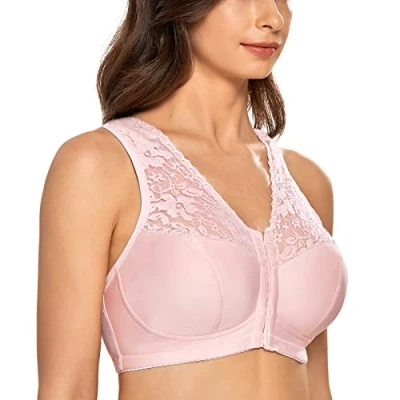 Image of Delimira Women&#039;s Front Fastening Bras Lace Wireless Plus Size Full Coverage Racerback Support Bra Gentle Rose 48E