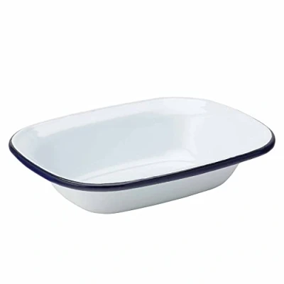 Image of Utopia Eagle Enamel Pie Dish 7.8&quot; /20cm White Oblong Cookware with Blue Edge for Oven to Table Presentation