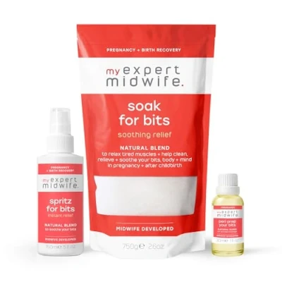 Image of My Expert Midwife Look After Your Bits Birth Recovery Essentials with Spritz for Postnatal Relief Spray, Peri Prep Perineal Massage Oil and Soak Premium Bath Salts