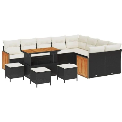 Image of vidaXL 13 Piece Garden Sofa Set with Cushions Black Poly Rattan Acacia