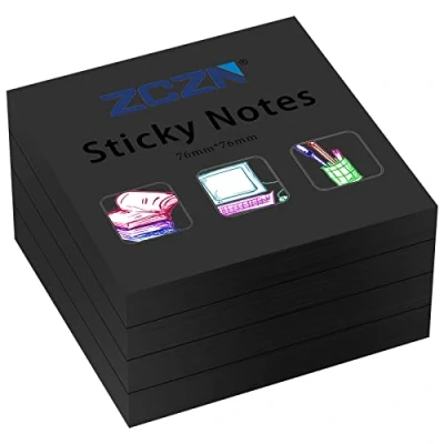 Image of ZCZN 76 x mm Sticky Notes, 100 Sheets/Pad, 4 Pads, Black