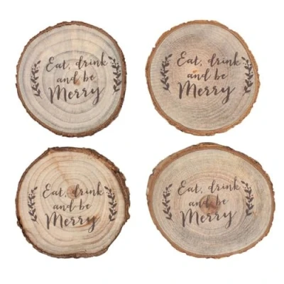 Image of Rustic Brown Wood Christmas Log Slice Coaster Set 1.2cm x 9.5cm (Pack of 4) Themed Drink Holders Premium Quality &amp; Unique Design Perfect for Festive Gatherings