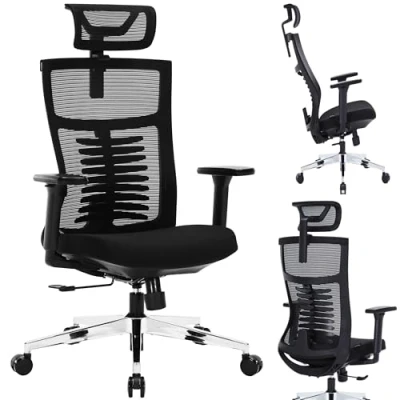 Image of Nyxi Premium Ergonomic Mesh Office Chair High Back Swivel Executive, 3D Armrests, Adjustable Headrest &amp; Lumbar Support, 3 Angle Locking Mechanism, Silver Metal Base (Foam Seat, Black, Model 799)
