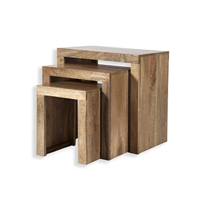 Image of Cube Mango Wood Nest of Tables/Solid Set Three Nesting Tables/Modern Living Room Furniture