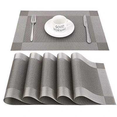 Image of CHAOCHI Placemats set of 6,Easy to Clean Non slip Heat Resistant Dining Table Mats,Washable Crossweave Woven Vinyl PVC Place mats,45CM x 30CM (Grey+Silver)