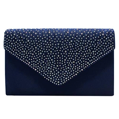 Image of Women Diamante Envelope Clutch Bag Evening Handbag Purse Wedding, Bridal, Prom, Party Shoulder (Navy)