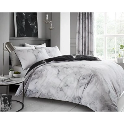 Image of GC GAVENO CAVAILIA Printed Textured Duvet Cover Double, Reversible Marble Quilt Covers, Polycotton Bedding Sets, White