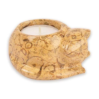 Image of British Fossils Himalayan Marble Cat Tea Light Holder Beige Fossilstone