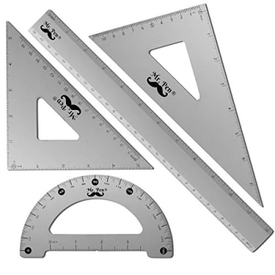 Image of Mr. Pen Metal Geometry Set, 4Pack, Protractor, Aluminum Ruler, Set Square, Triangle Drafting Triangles, Protractor Metal, Kit, Ruler