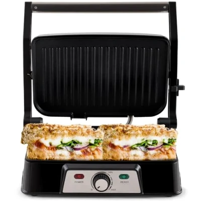 Image of NETTA Panini Maker &amp; Health Grill Sandwich Toaster, Press 2 Slice Non Stick Plates Built In Fat Tray 1500W Stainless Steel Easy to Clean