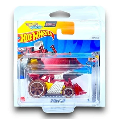 Image of Hot Wheels Speed Dozer (Red, Yellow, Chrome &amp; Brown Let&#039;s Race) 5/10 HW Metro 2024 147/250 (Short Card) includes a KLAS Car Keeper Protector Case HTF03