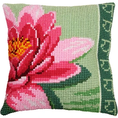 Image of Vervaco Cushion: Pink Lotus Flower, Acrylic, Multi Colour, 7.5 x 1 7.8 cm