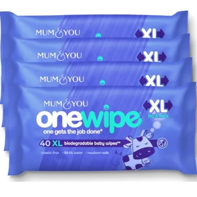 Image of Mum &amp; You Onewipe Baby Wipes Multipack, 100% Biodegradable wet (4 Packs), 99.4% Water for Sensitive Newborn Skin, 30% XL Adults,Water baby,Wet Tissue,Eco Friendly wipe